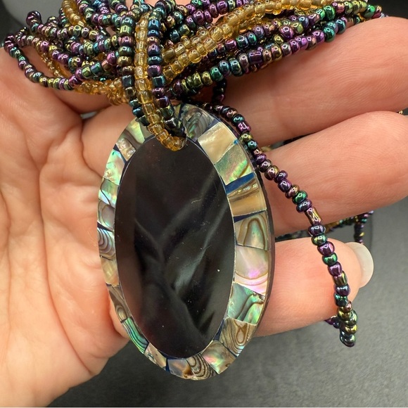 Multicolor Iridescent Seed Beaded Necklace with Large Abalone Shell Pendant - Picture 17 of 17
